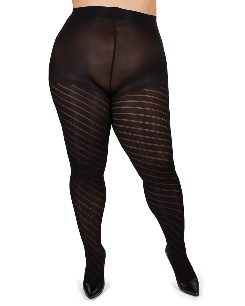Front of a model wearing a size 3X-4X Spiral Opaque Plus Size Curvy Control Top Tights in Black by Memoi. | dia_product_style_image_id:299664